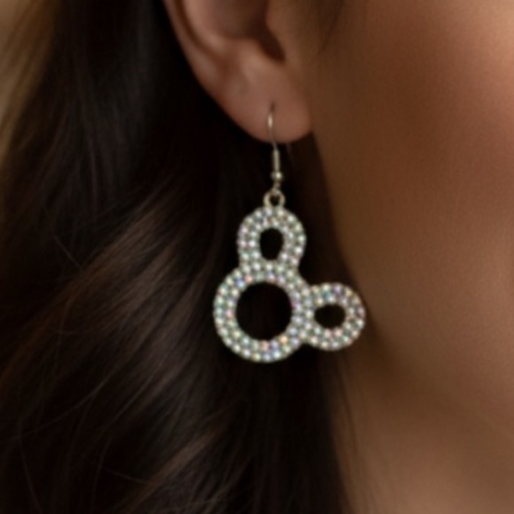 🆕 Iridescent Rhine Stone Silver Mickey Mouse Fish Hook Earrings NIP